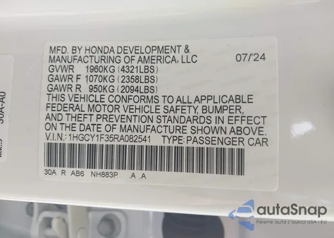 2024 Honda Accord Ex из США, поврежденный, VIN 1HGCY1F35RA082541